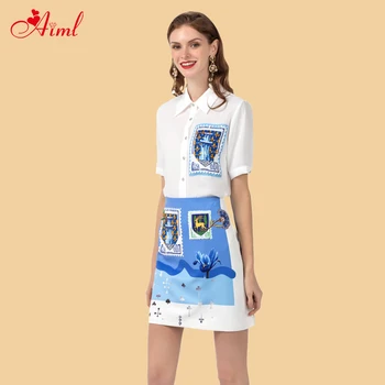 

2020 Designer Women Two Piece Suit Spring Summer lapel Beautiful White Short sleeve Blouse + Mini Skirt Crystal 2 Piece Set