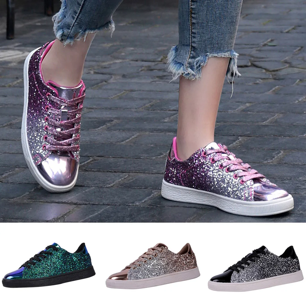 Zapatillas de deporte con lentejuelas de Color sólido para mujer, zapatos  informales salvajes de tendencia para discoteca, zapatos con cordones de Suela  blanca, zapatillas de calle a la moda|Zapatos planos de mujer| -