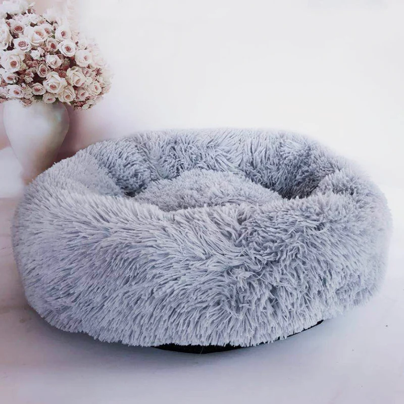 Round Plush Cat Bed House Soft Long Plush Cat Bed Round Pet Dog Bed For Small Dogs Cats Nest Winter Warm Sleeping Bed Puppy Mat - Цвет: light grey