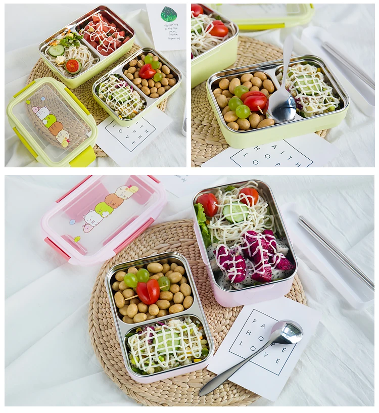 Розовый/синий/зеленый мультяшный Ланч-бокс, посуда из нержавеющей стали, портативный набор посуды из микрофибры, контейнер для еды