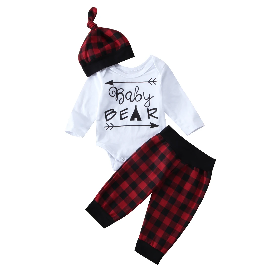 

2020 New Fall Autumn 0-18M Toddler Baby Boy Girl 3Pcs Set BABY BEAR Tent Arrow Letter Print Bodysuit+Red Plaid Pants+Hat Outfit