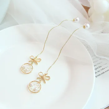 

S925 Silver Needle 2020 New Style Fashion Pearl Bow Hanging Earrings High Grade Sense Long Tassel Earring Face Significant Thin