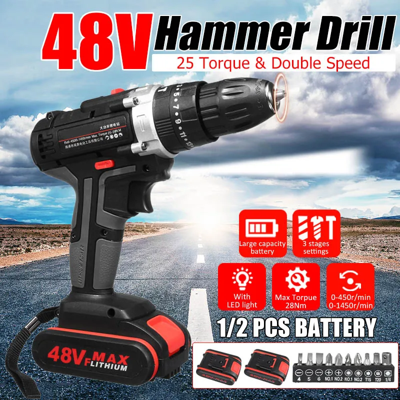 

HOT 48V Electric Hammer Drill Cordless Drill Woodworking Tool Rechargeable Woodworking Drills LSF99