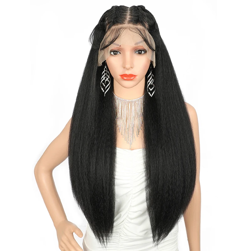 

Kaylss 13x4 33 inches Braided Wigs Synthetic Lace Front Wig for Black Women with Baby Hair Free Part Black Long Straight Wig