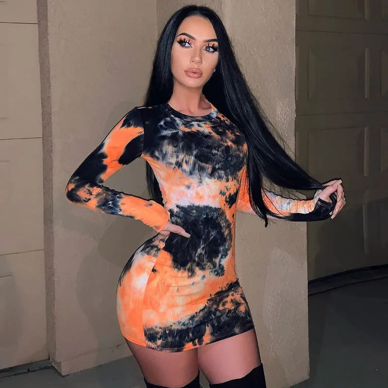 

Tie-dye Party Dresses For Women's Long Sleeve Round Neck Slim Sexy Female Autumn/winter Mini Dress Night Club Wear
