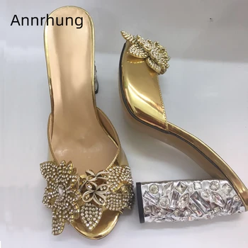 

Diamond Flower Decor Banquet Shoes Woman Jeweled Rhinestone High Heels Sexy Peep Toe Gold Patent Leather Slippers Women