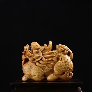 

Boxwood 6CM Chinese Unicorn Sculpture Lucky God Beast Wood Auspicious Animals Statue Kirin Home Decor