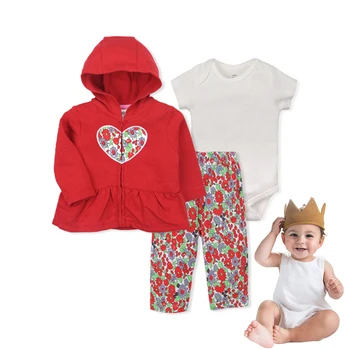 

3pcs Heart Flower Print Soft Cute Long Sleeve Sweat Absorb Daily Fashion Bodysuit Butterfly Pants Hoodie Baby Clothing Set