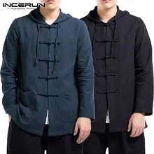 INCERUN в китайском стиле Харадзюку, Мужская однотонная Повседневная рубашка с длинным рукавом и капюшоном, куртки, модная Хлопковая мужская блузка с капюшоном