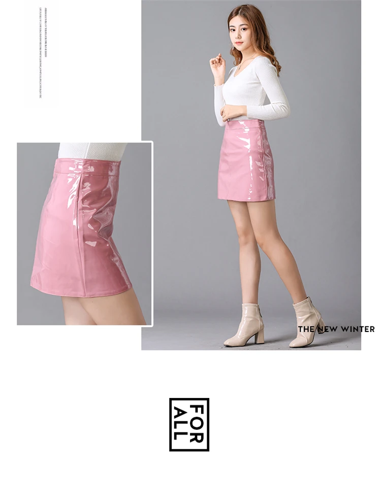 Блестящая женская юбка из искусственной кожи, повседневная женская мини-юбка с высокой талией, а-силуэт, однотонные короткие женские юбки, черный, розовый