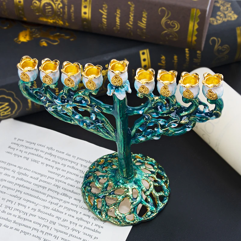 H& D 9 ветка ханукальные свечи Menorah ручная роспись Виноградная лоза цветов изогнутые Chanukiah Menorah домашний декор Jerusalem подарок(зеленый