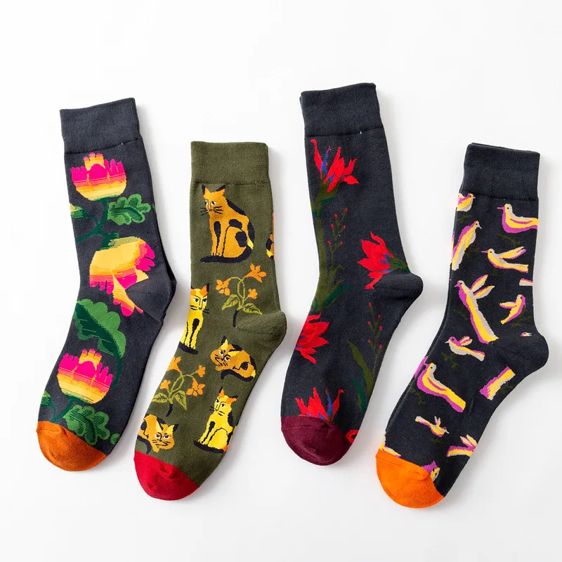 В мультипликационном стиле с принтом(животные) носки Для мужчин Смешные счастливые носки с цветами тенденция носки для девочек хлопок искусство пара носки Для женщин сезон осень-зима; носки для малышей; комплект - Цвет: 4 Pairs of socks