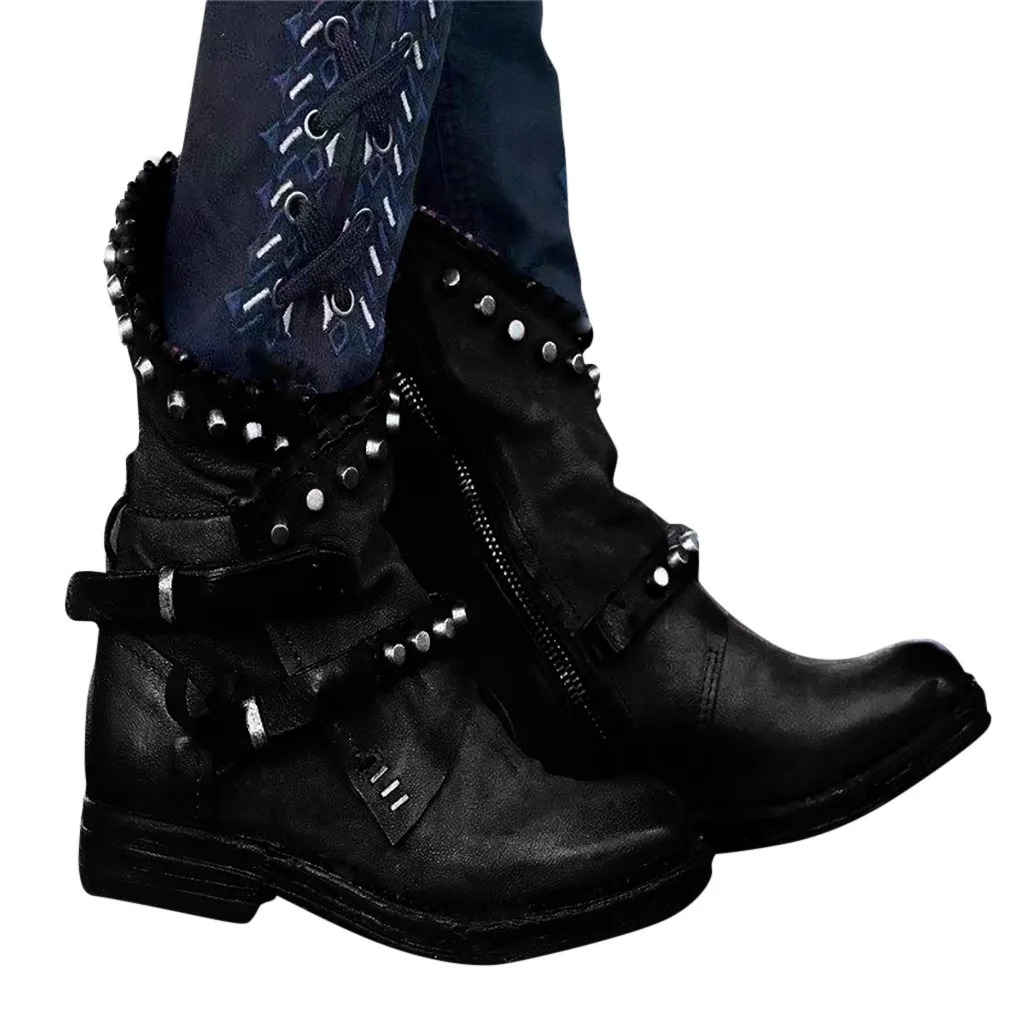 Мотоботы с заклепками в стиле ретро; Женские ботинки в западном стиле; зимние классические кожаные ботинки; Женская обувь в стиле панк на низком каблуке; армейские рыцарские сапоги со складками