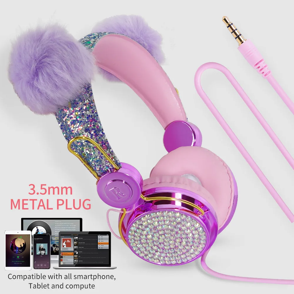 BlueWow B121 Cute Cartoon Diamond Unicorn Wired Headphone Headset For Kids Online Learning