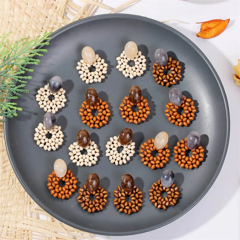 

100% Handmade Acrylic Geometric Hollow Out Wood Beads Drop Dangle Earrings for Women Ethnic Cute Korean Jewelry Gift