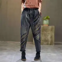 Осенние женские джинсы в стиле ретро с эластичной талией, Свободные повседневные джинсовые штаны, новинка, винтажные женские брюки с вышивкой и карманами