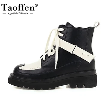 

TAOFFEN Women Ankle Boots Fashion Leather Platform Zipper Warm High Heel Winter Shoes Woman Cross Strap Footwear Size 34-42