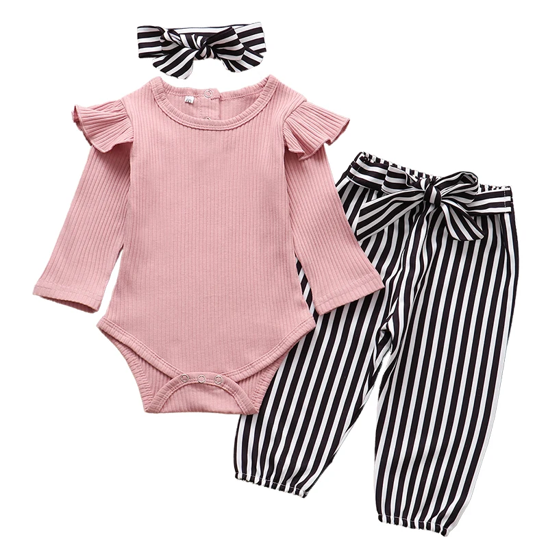 Newborn Baby Girl Clothes Set Fashion Autumn Toddler Outfit Solid Color Romper Pants Headband Little New born Infant Clothing warm Baby Clothing Set Baby Clothing Set