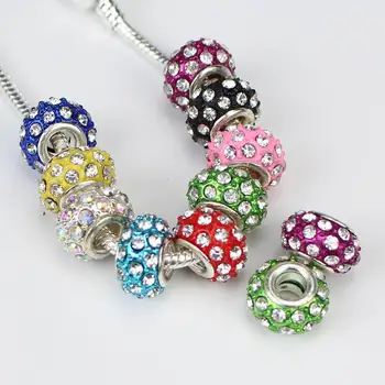 

10pcs/lot 14x9mm Crystal Rhinestone Silver Plated Big Hole Alloy European Beads Fit Charm Bracelets DIY Jewelry Making Findings