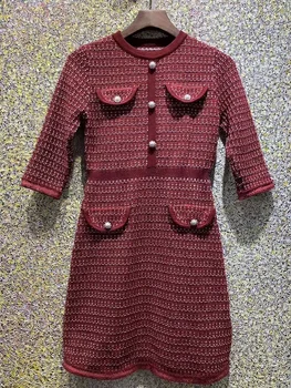 

High Quality Sweater Dress 2020 Spring Casual Jumper Dress Women Geometric Patterns Knitting Beading Deco Wine Red Black Dress