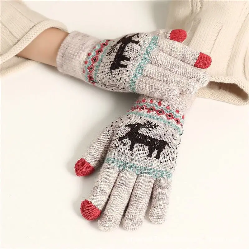Вязаные женские перчатки с рождественским оленем, плотные сенсорные перчатки, зимние теплые перчатки с изображением снежного лося, полный палец, милый подарок на Рождество для мальчиков и девочек, LuvasG023 - Цвет: LIGHT GREY