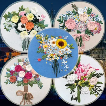 

Embroidery Kits Beginner Holding flowers Wedding Embroidery kits cross stitch With Embroidery Hoops Ribbon Embroidery Hand Craft
