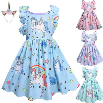 

Sweet Baby Girl Unicorn Dresses+ Hair Band Pink Cute Middle and Small Children Girls Casual Dresses Princess Costume