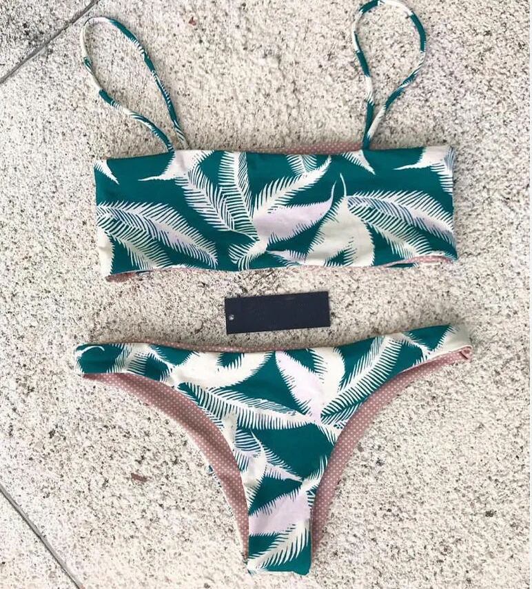 

New Summer Bikinis Women Swimsuit Low Waist Bathing Suit Swimwear Push Up Bikini Set Feather Plant Print Beach Wear