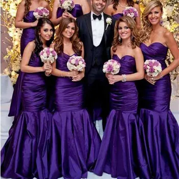 

Sexy Purple Pleat Off The Shoulder Mermaid Bridesmaid Dresses Simple Sleeveless Sweetheart Neck Floor Length Wedding Party Gown
