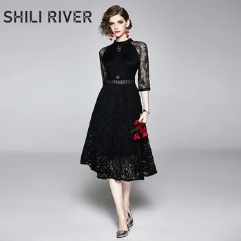 

2020 new spring summer designer long dress for women half sleeve slim casual lace elegant retro pleated swing dresses red black