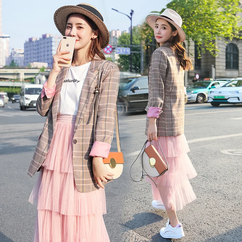Plaid Stylish Ladies Blazer Solid Pink Casual Loose Suit Jacket Long Sleeve Korean Retro Autumn Women Blazer Large Size MM60NXZ