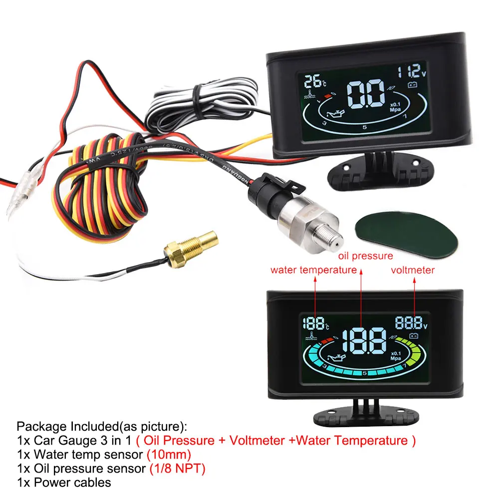 5 In 1 12V Car LCD Electronic Tachometer + Oil Pressure Gauge + Volt Voltmeter+Water Temperature Gauge+Fuel Gauge with Sensor