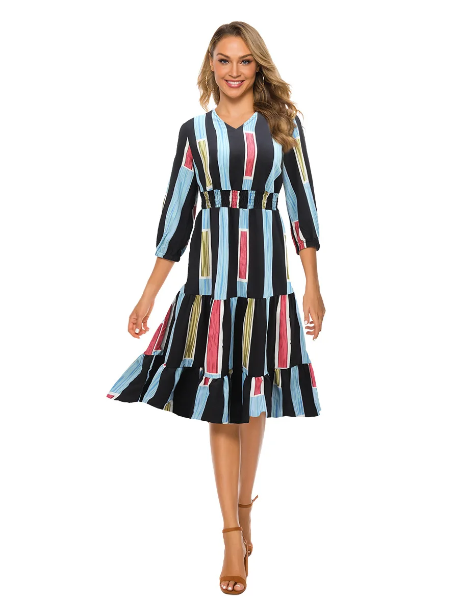 Dress 2 Bikitique с завышенной талией и цветочным принтом Фонари 3/4, длина рукава, обхват талии, на шнуровке, для отдыха и вечеринок платье Для женщин в богемном стиле с оборкой и v-образным вырезом, сексуальное пляжное платье - Цвет: Dress 2