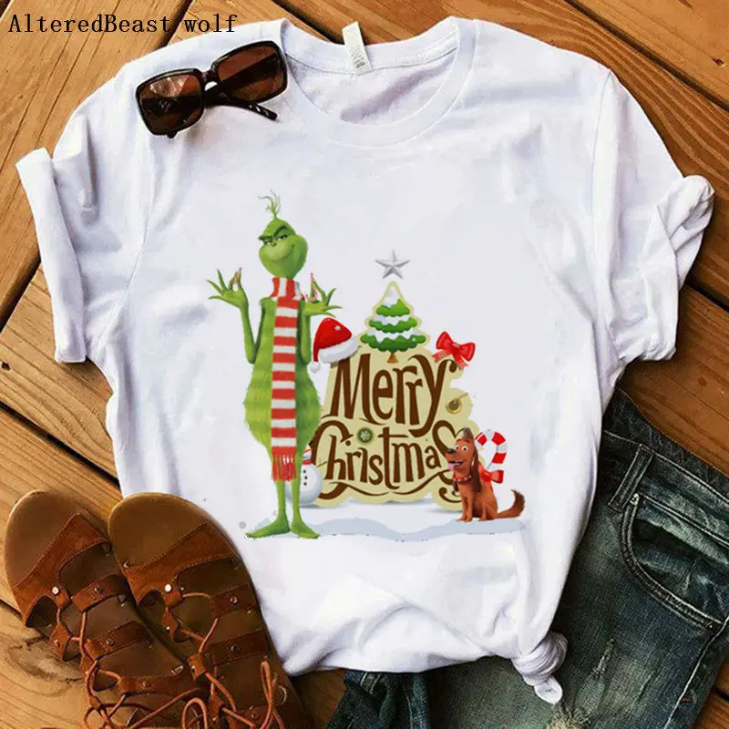 Рождественская футболка с коротким рукавом, женская футболка с забавным принтом, белые топы, повседневная женская одежда Vogue