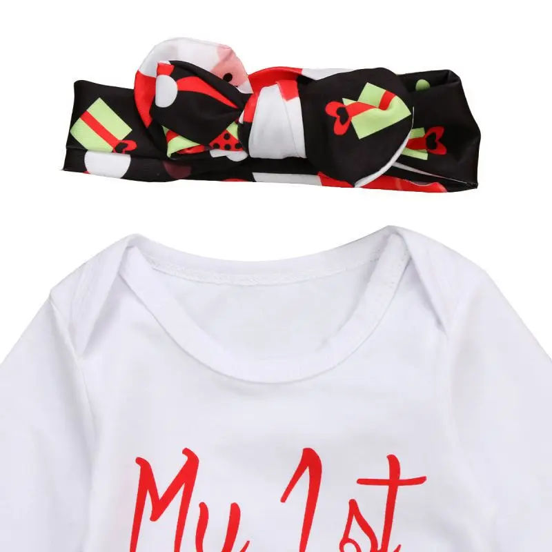 Детский комбинезон с длинными рукавами и надписью «My First Christmas» для маленьких мальчиков и девочек, Топы+ штаны+ шапочка+ повязка на голову, комплект одежды для малыша из 4 предметов