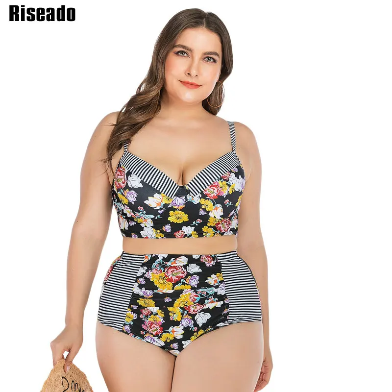 

Riseado Plus Size Swimsuit Women Tropical Floral Striped Printing Bikini Set Push Up Beach Wear High Waisted Bathing Suits
