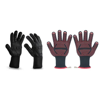 

2 Pair Heat Resistant Thick Silicone Cooking Baking Barbecue Oven Gloves, 1 Pair Style-3 & 1 Pair Style-4