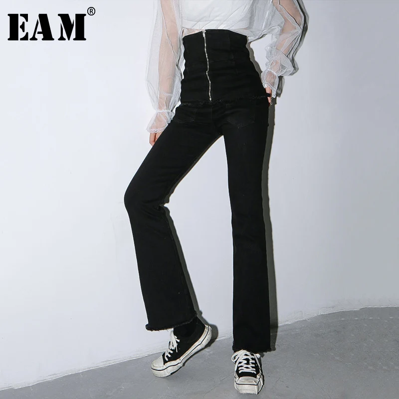 

[EAM] Black Zipper Split Joint Long Wide Leg Jeans New High Waist Loose Women Trousers Fashion Tide Spring Autumn 2020 1S273