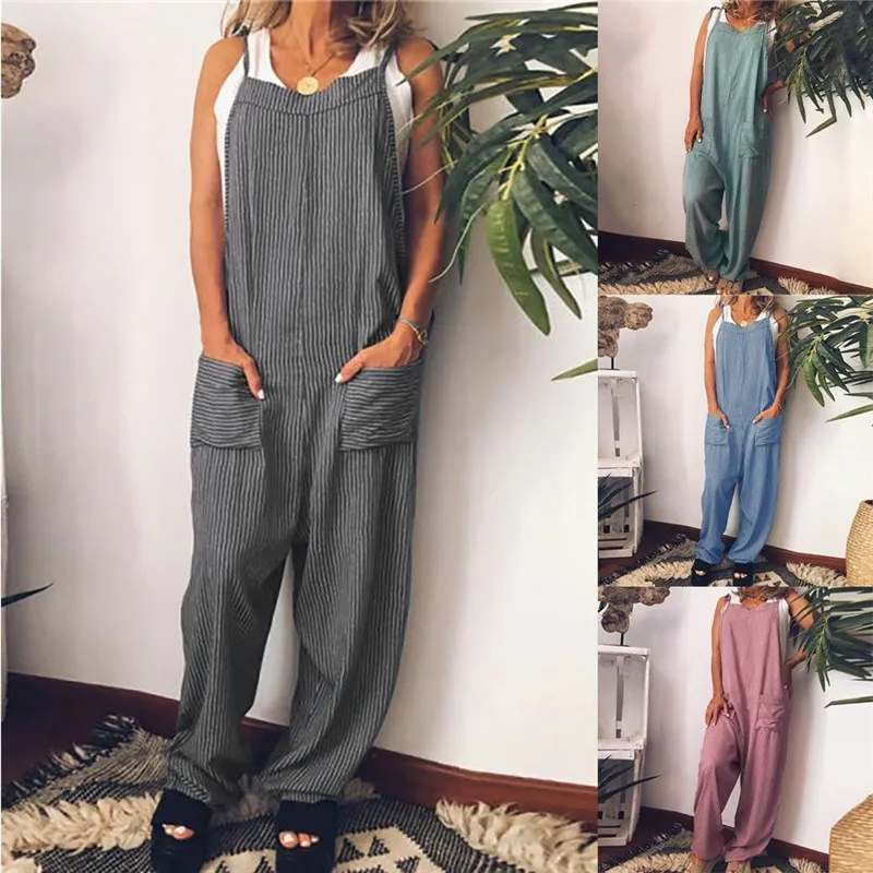 

2019 Women Striped Jumpsuit Summer Overalls Sleeveless Jumpsuit Loose Casual Baggy Pants Rompers