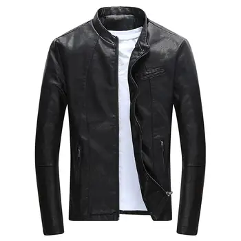

2019 New Stylish Men Stand Collar Faux Leather Fleece Lined Pockets Zipper Warm Jacket