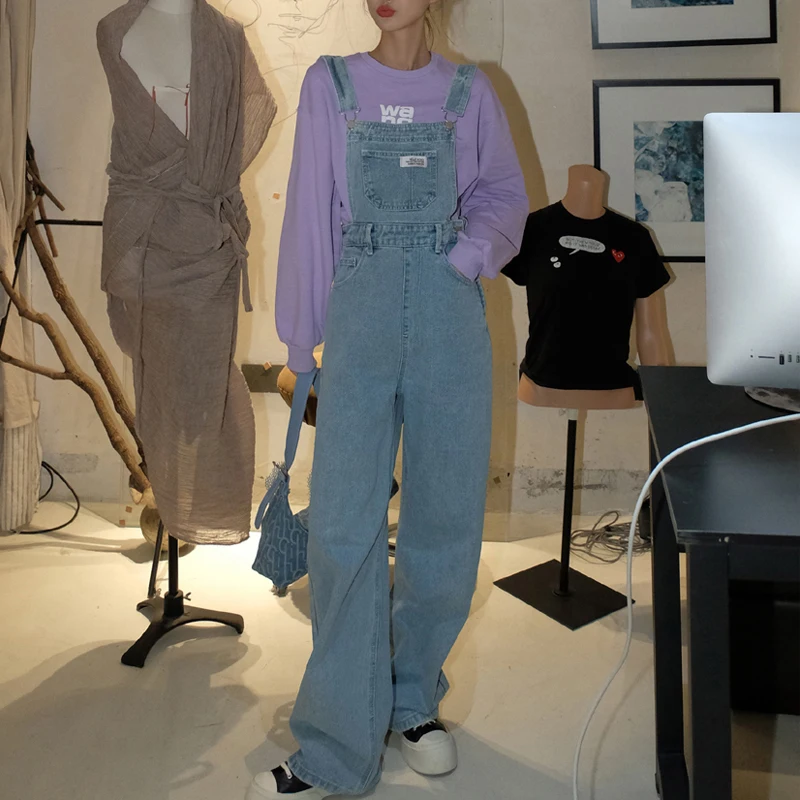 Комбинезон женский джинсовый с завышенной талией Свободный Повседневный модный