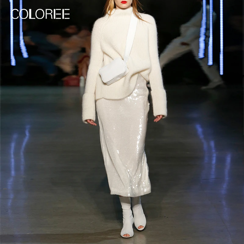 Hoge Kwaliteit Herfst Winter 2019 Vrouwen 2 Delige Set Vintage Witte Lange Mouw Trui En Shining Lovertjes Rok Tweedelige set Hoge Kwaliteit Herfst Winter 2019 Vrouwen 2 Delige Set Vintage Witte Lange Mouw Trui En Shining Lovertjes Rok Tweedelige set