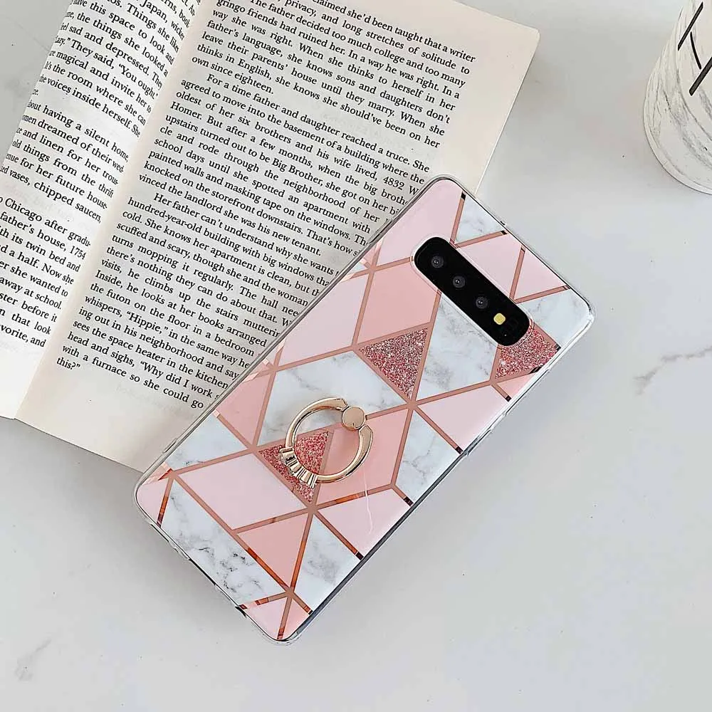Bracket Pink OTAO гальванические геометрические мраморные кольца держатель чехол для samsung S10 Plus S8 S9 A70 A50 Note 9 8 10 кольцо подставка мягкий IMD чехол - Цвет: Bracket Pink