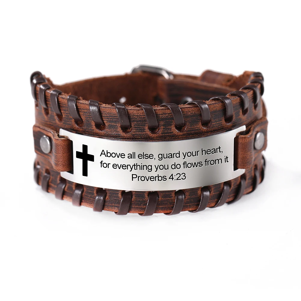 Brown-3 EUEAVAN 5pcs Proverb Positive Black/Brown Leather Bracelet Saying Charm Stainless Steel Jewelry For Men Gift Wholesale - Окраска металла: Brown-3
