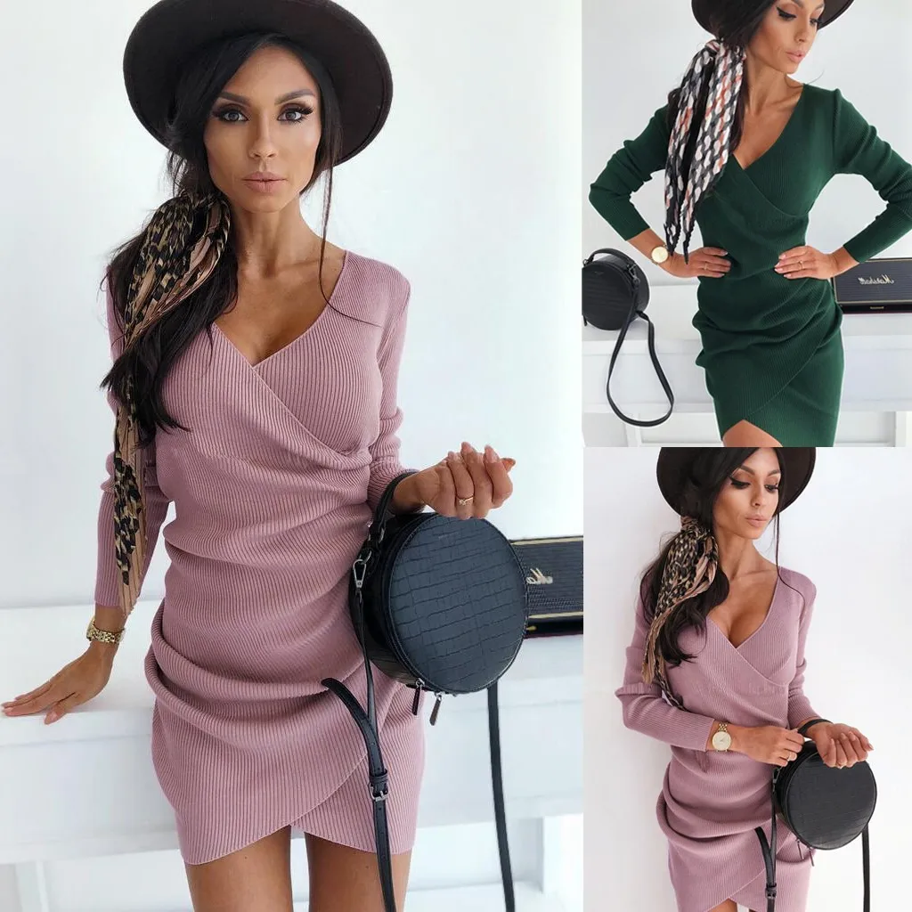 JAYCOSIN Women Sexy V-neck Tight-Fitting Hip Dress Ladies Solid color Half Sleeve Empire Waist Club Party Dress Sexy Dress Women