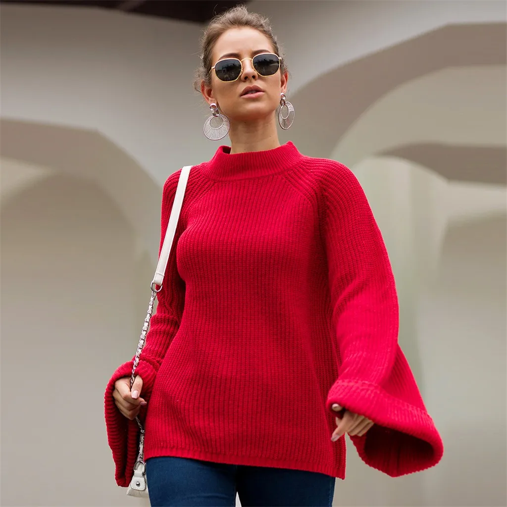 

Women Knitted Sweaters Solid Bell Sleeve Solid O-Neck Pullover Sweater Womens Jumper Autumn Winter Sweater Coat pull femme 2019