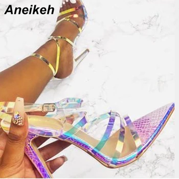 

Aneikeh 2019 Summer Fashion PVC Sandals Women Shoes Transparent Thin High Heels Pointed Toe Party Buckle Strap Ankle Size 35-42
