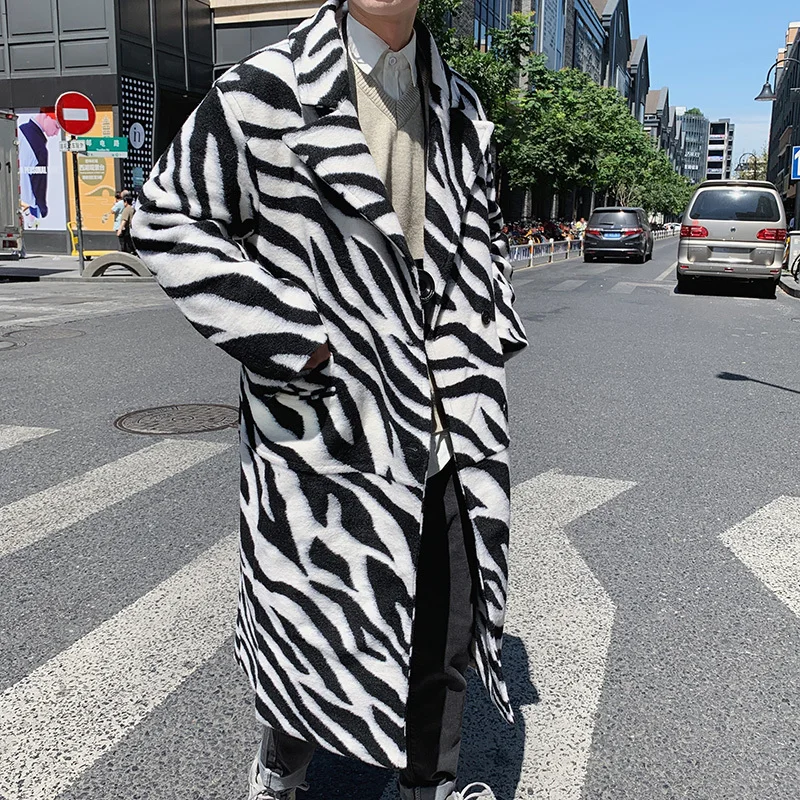 

2019 New Men High Street Punk Hip Hop Zebra Woolen Overcoat Long Trench Coat Autumn Male Streetwear Fashion Windbreaker Jacket
