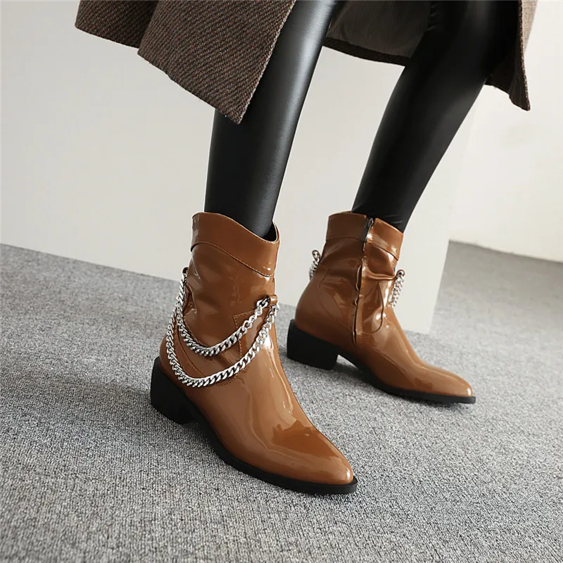 

YQBTDL 2024 Yellow Black Wine Red Artificial Patent Leather Chunky Heel Chain Knight Biker Ankle Women Boots Winter Female Shoes