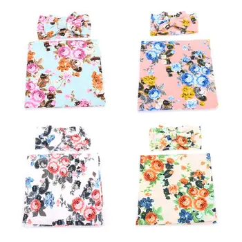 

2Pcs Newborn Floral Printed Blanket Bow-knot Headband Set Infants Wrapped Towel Hair Band for Baby Shower Birthday Gifts